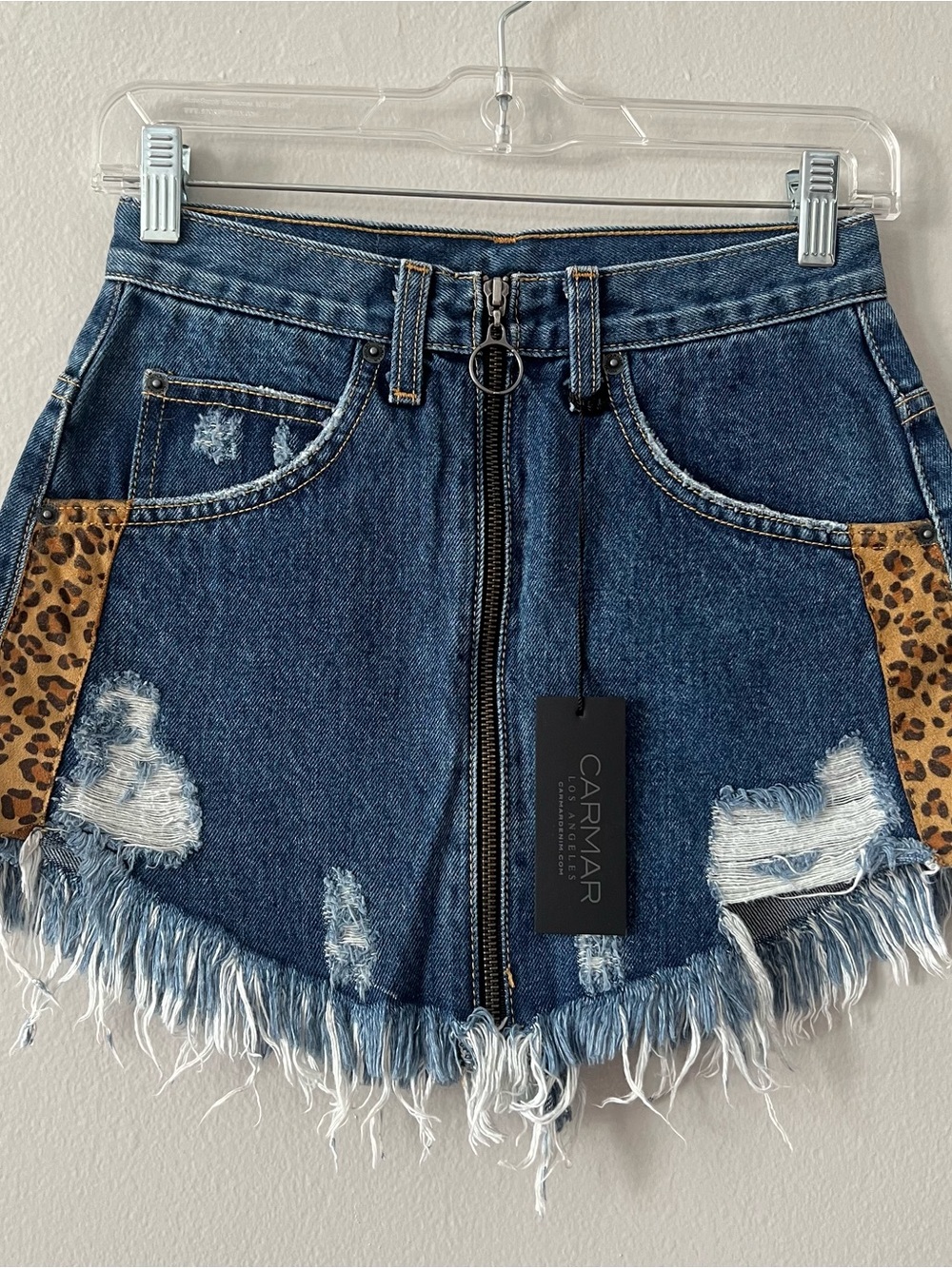 NWT Carmar Denim Mini Skirt with Leopard Trim